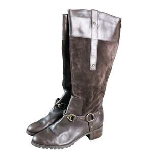 Etienne Aigner Brown Brown Leather & Suede Tall Riding Boots Low Heel Buckle 8.5